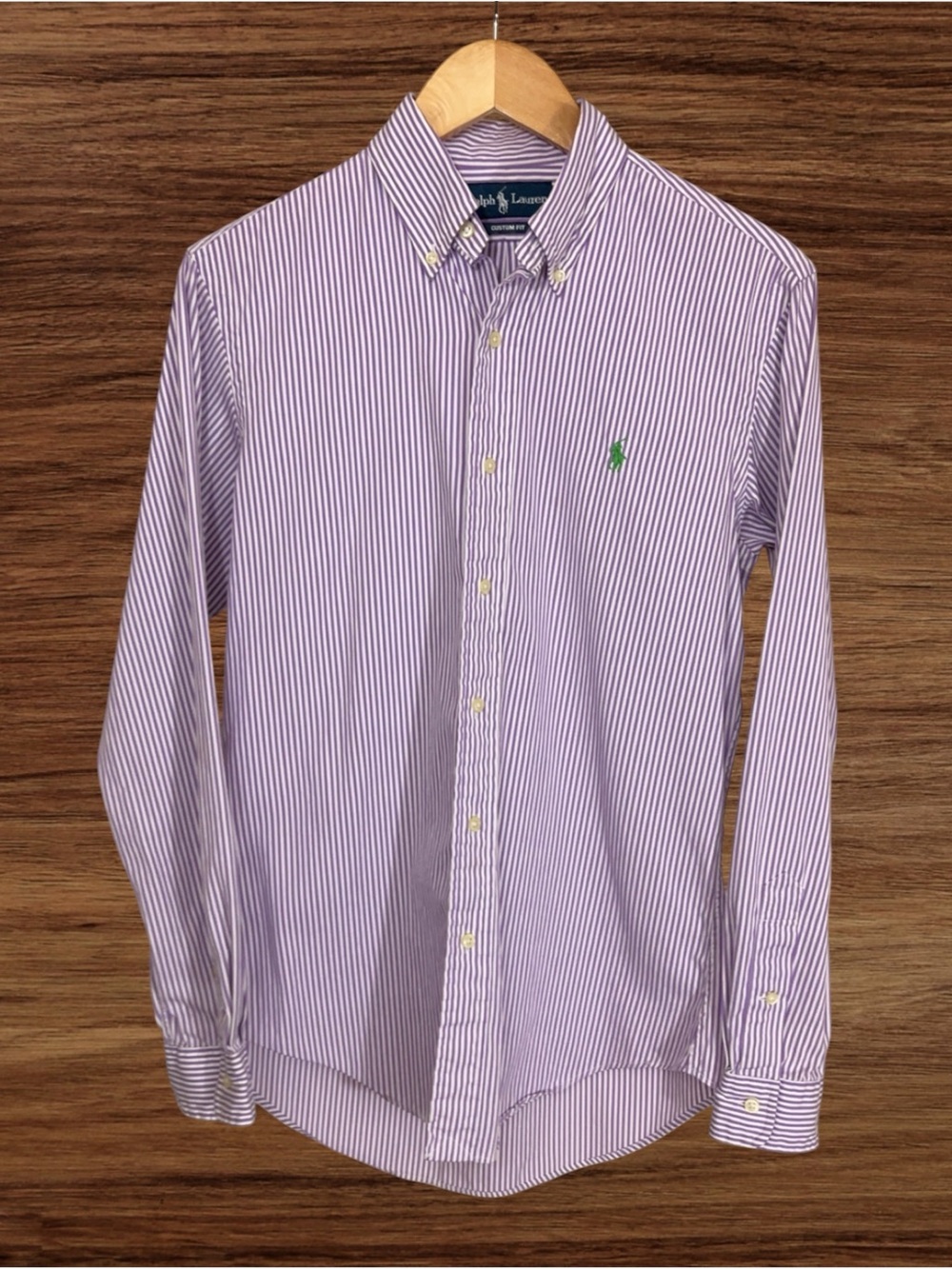 Ralph Lauren Purple Striped Custom Fit Dress Shirt w/ Button Down Collar. Small